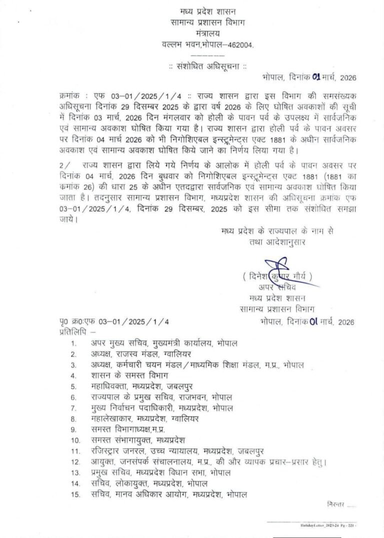 Madhya Pradesh में होली पर दो दिवसीय सार्वजनिक अवकाश घोषित