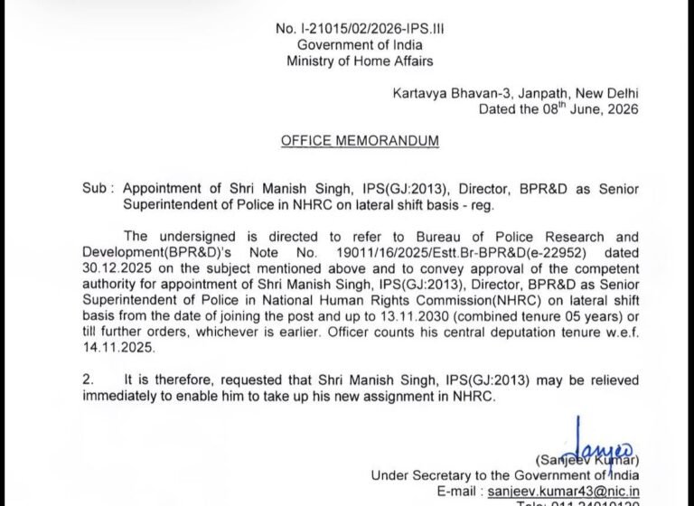 राष्ट्रीय मानवाधिकार आयोग में वरिष्ठ पुलिस अधीक्षक बने आईपीएस मनीष सिंह, मानवाधिकार संरक्षण को मिलेगी नई मजबूती