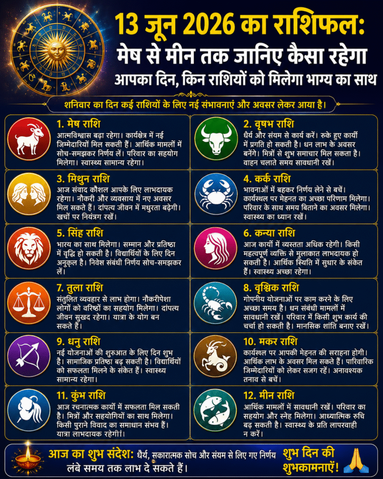 13 जून 2026 का राशिफल: मेष से मीन तक जानिए कैसा रहेगा आपका दिन, किन राशियों को मिलेगा भाग्य का साथ