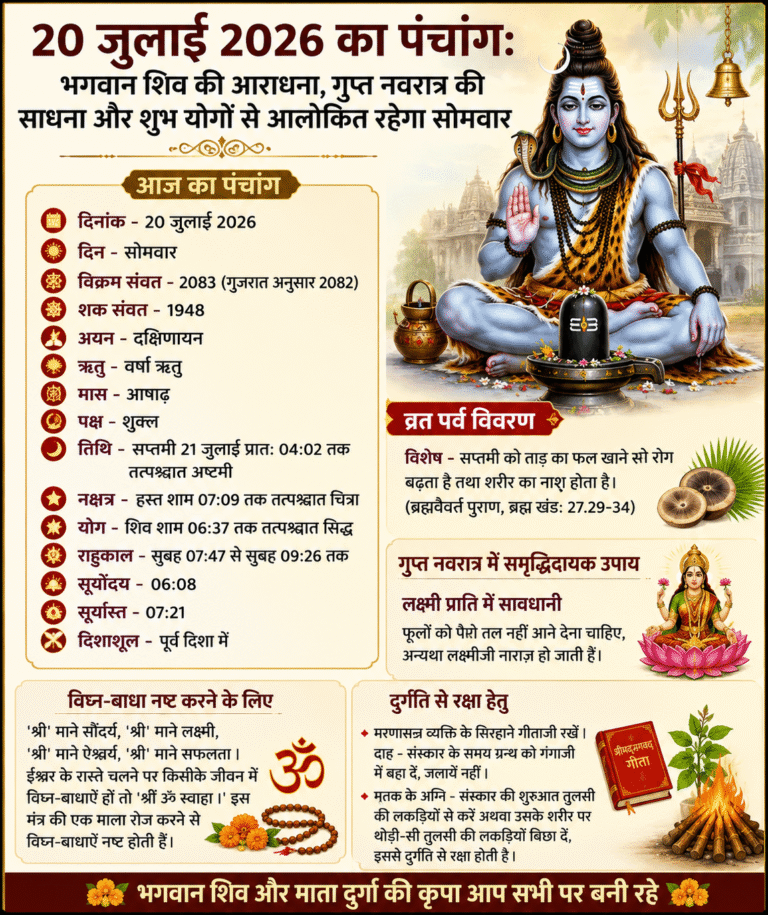 20 जुलाई 2026 का पंचांग: भगवान शिव की आराधना, गुप्त नवरात्र की साधना और शुभ योगों से आलोकित रहेगा सोमवार