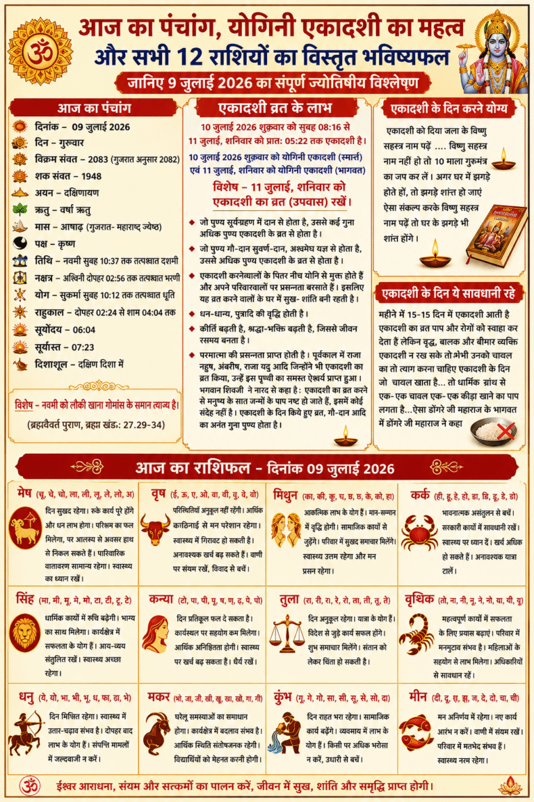 आज का पंचांग, योगिनी एकादशी का महत्व और सभी 12 राशियों का विस्तृत भविष्यफल: जानिए 9 जुलाई 2026 का संपूर्ण ज्योतिषीय विश्लेषण