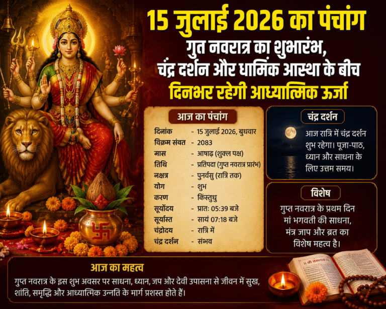 15 जुलाई 2026 का पंचांग: गुप्त नवरात्र का शुभारंभ, चंद्र दर्शन और धार्मिक आस्था के बीच दिनभर रहेगी आध्यात्मिक ऊर्जा