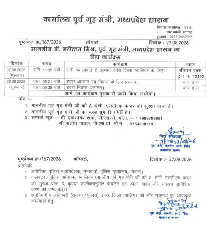 27 अगस्त की रात भोपाल से श्रीधाम एक्सप्रेस से होंगे रवाना, 28 अगस्त की सुबह डबरा पहुंचकर निवास जाएंगे; सुरक्षा व्यवस्था को लेकर प्रशासन को दिए गए आवश्यक निर्देश